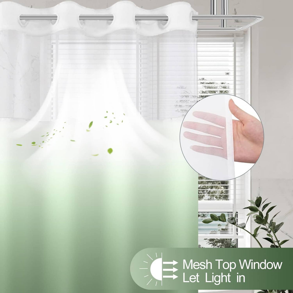 Ombre green shower curtain with mesh top panel and translucent window opening