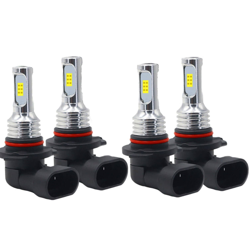 LED headlight bulb pair with silver housing, yellow LED chips, and black mounting base