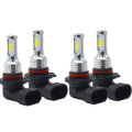 LED headlight bulb pair with silver housing, yellow LED chips, and black mounting base