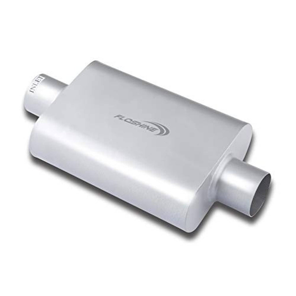 Universal dual-chamber muffler, silver aluminum look with 3 in inlet/outlet ports