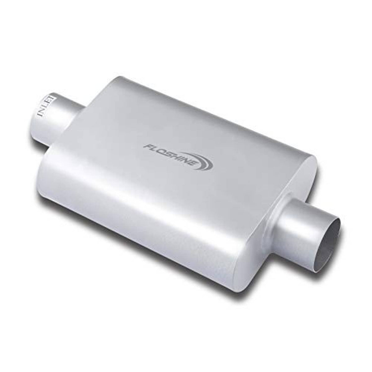 Universal dual-chamber muffler, silver aluminum look with 3 in inlet/outlet ports
