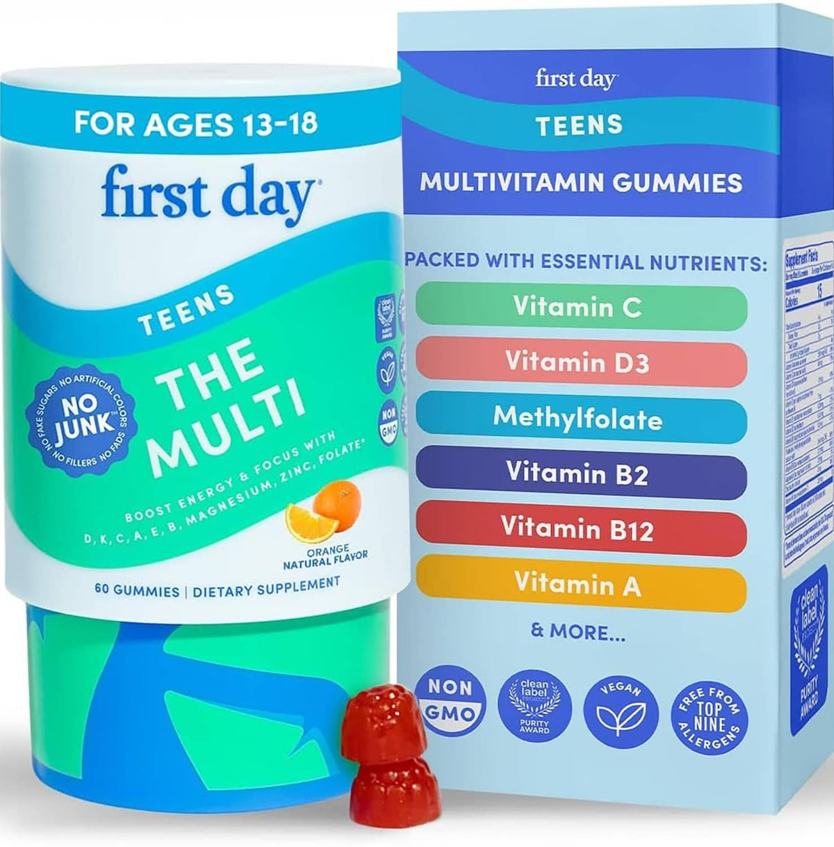 Multivitamin gummy bottle and carton labeled for ages 13–18 and teens