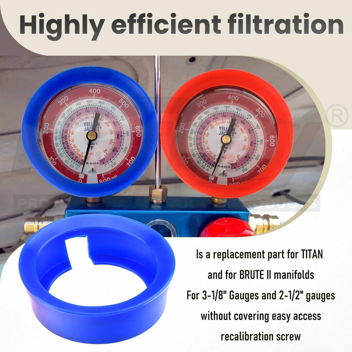 Blue and red rubber gauge boot covers with open centers and protective cutouts