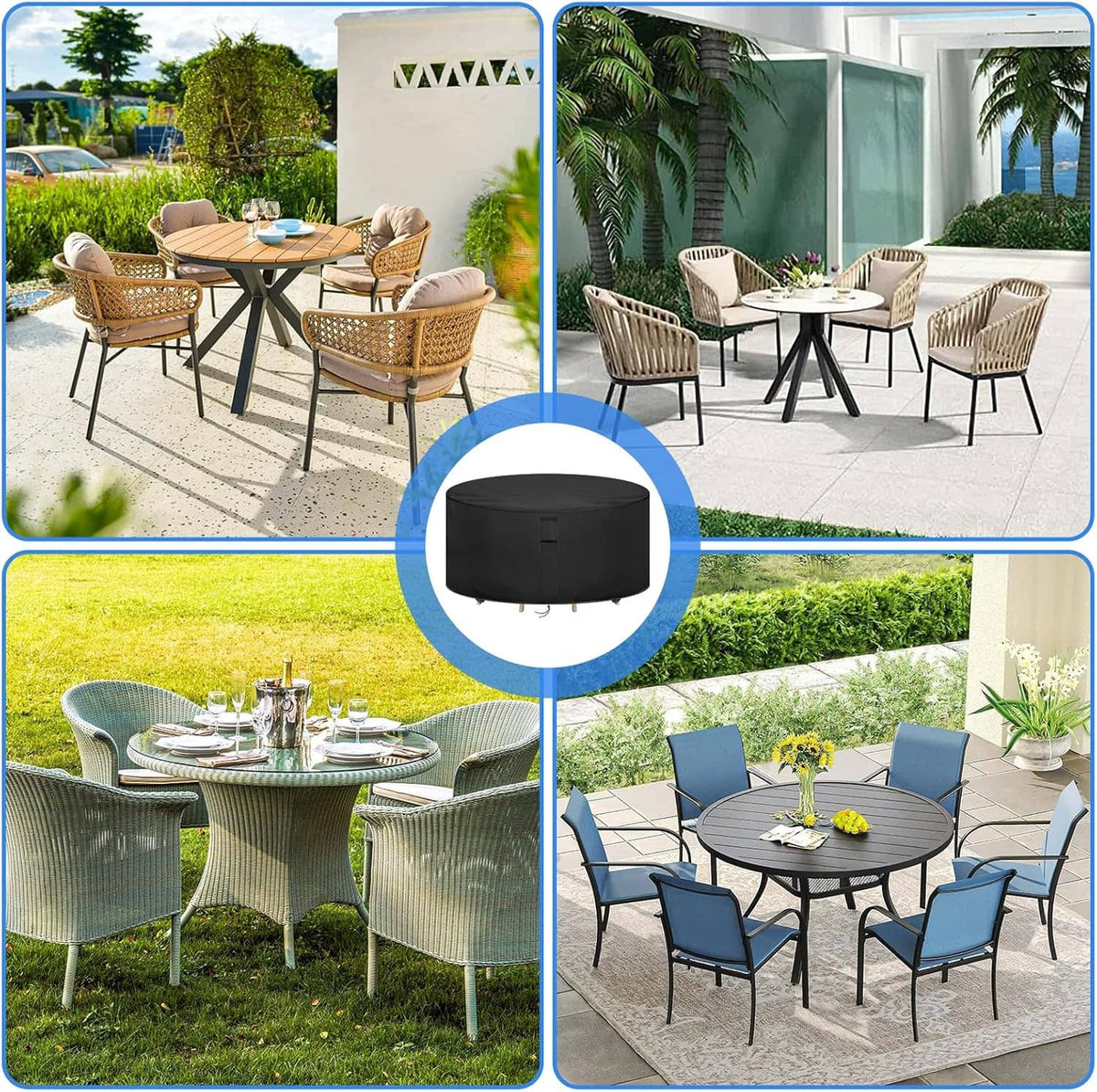 Round black patio table cover shown in use on outdoor round dining sets