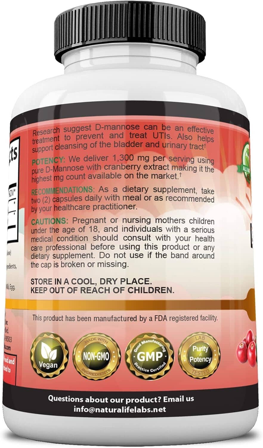 D-mannose supplement bottle back panel with usage and storage directions