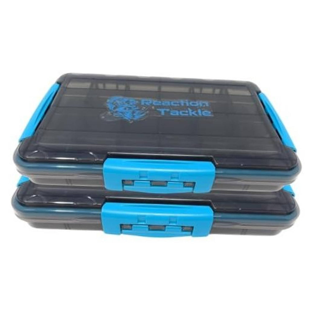 Stacked water-resistant fishing tackle trays with clear lid and blue latches, black