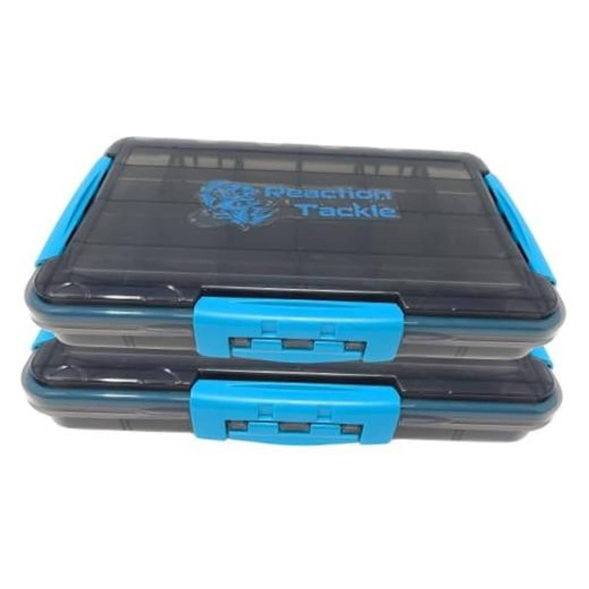 Stacked water-resistant fishing tackle trays with clear lid and blue latches, black