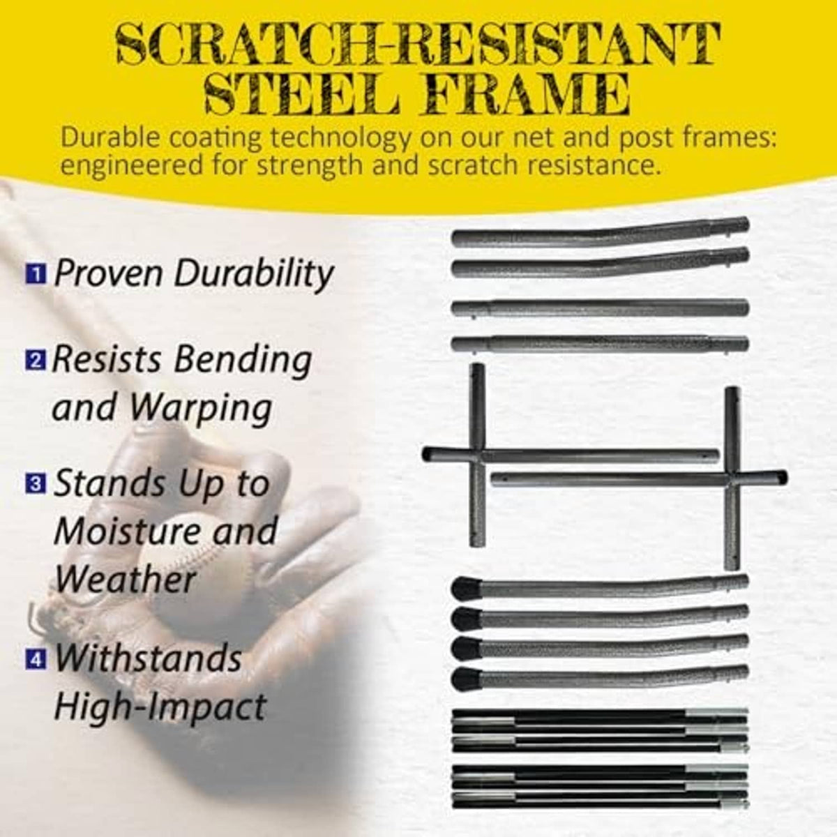 Scratch-resistant baseball net frame parts with durable coated metal rods