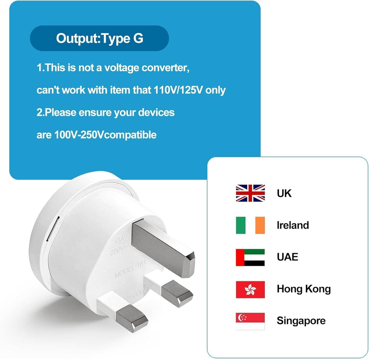 Type G plug adapter with UK and international compatibility icons, white