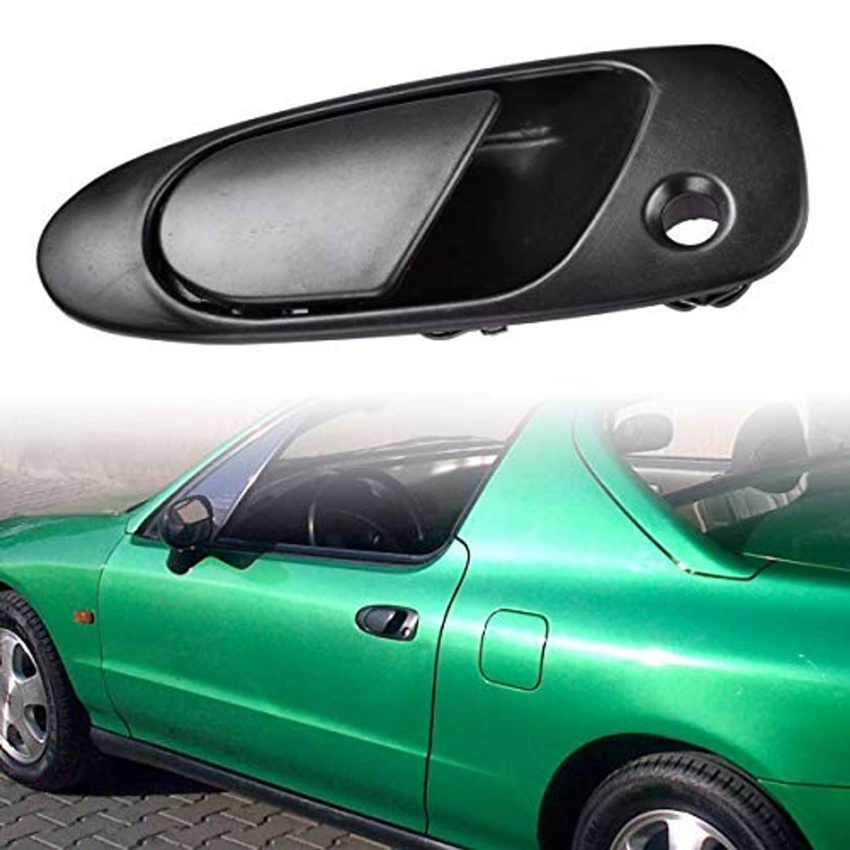 Black exterior door handle on car door, front-side keyhole visible