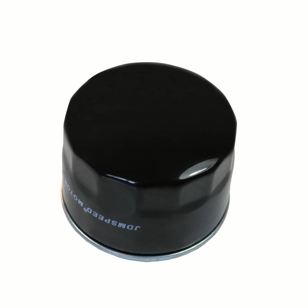 Black oil filter with smooth domed end and silver metal base ring