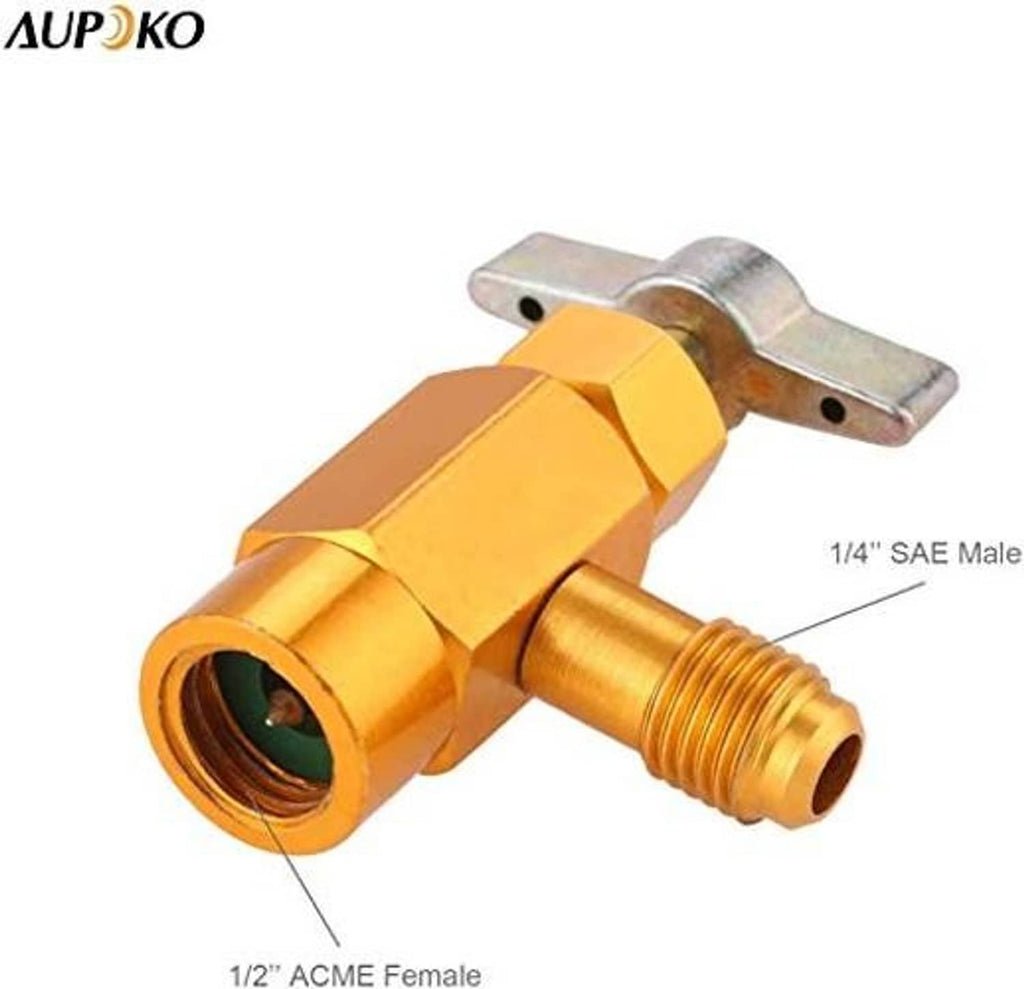 Gold brass ACME female to SAE male adapter fitting with threaded ports