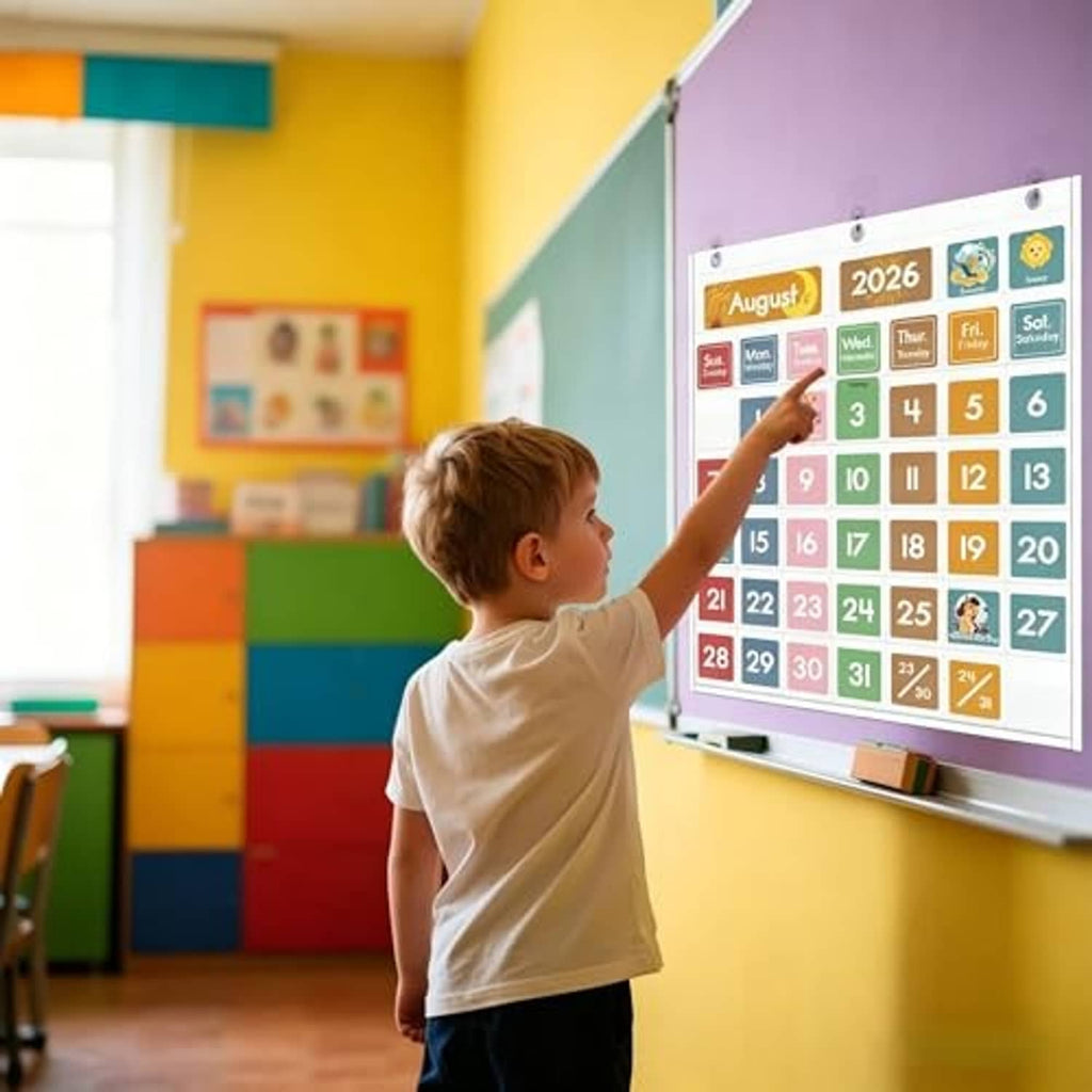 White calendar pocket chart with colorful August 2026 dates, shown by child