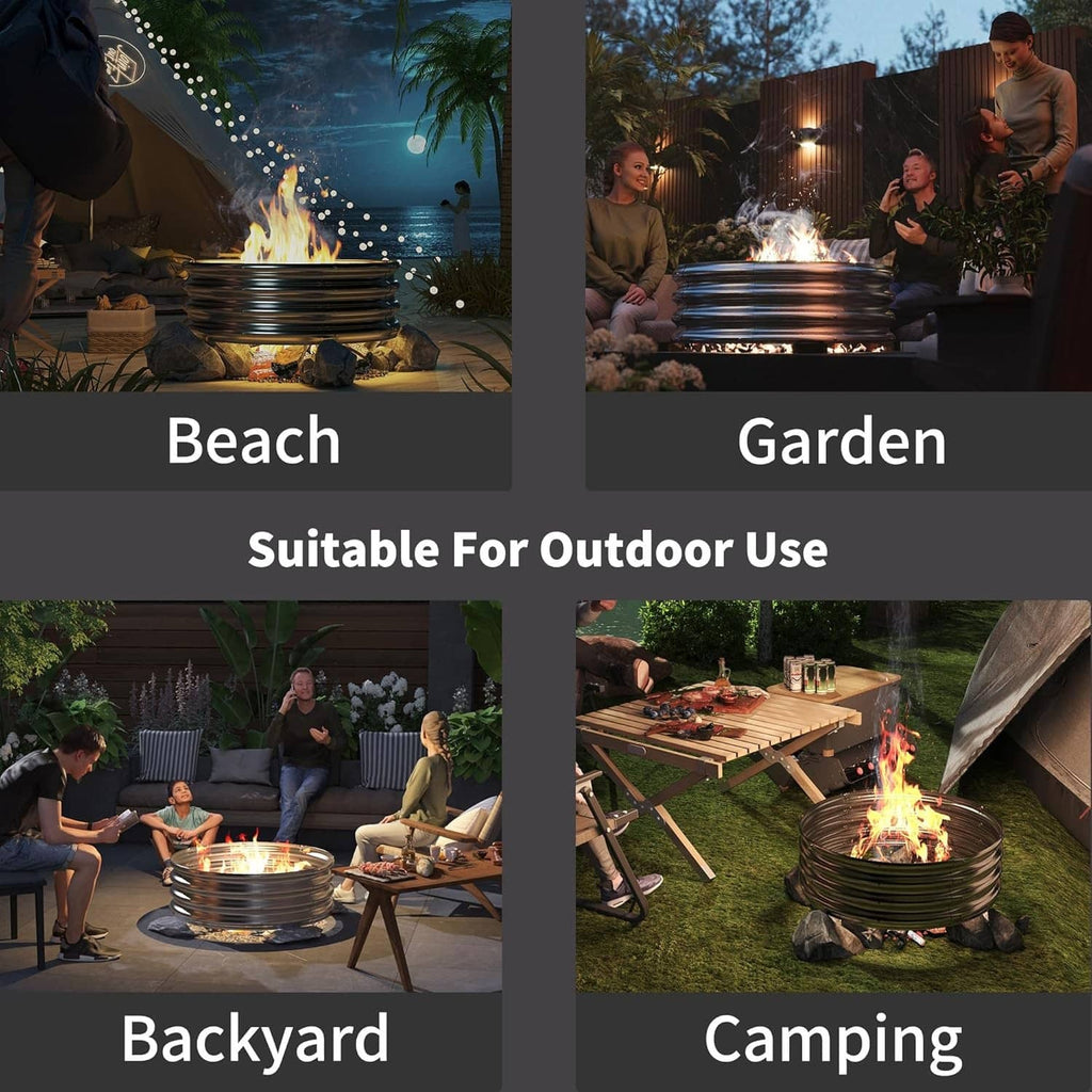 Galvanized round fire pit ring with flames for outdoor gatherings