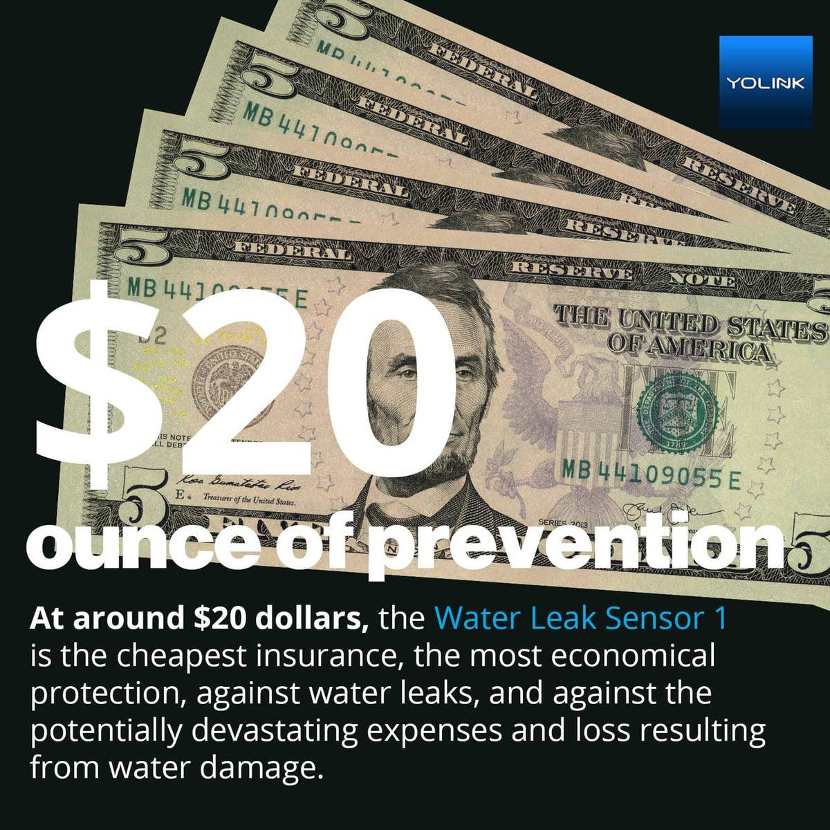 Water leak prevention concept graphic with $20 savings and YoLink branding