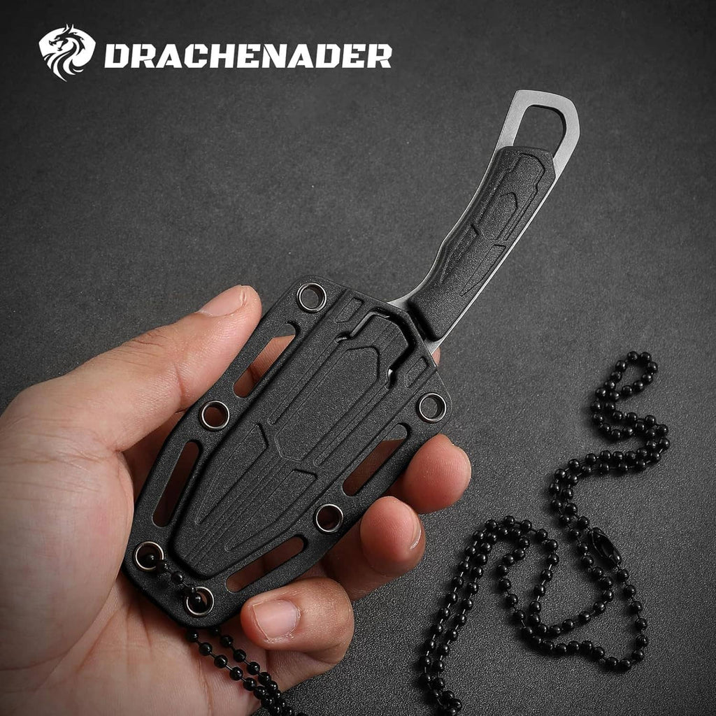 Small tanto neck knife with black sheath held above beads on chain