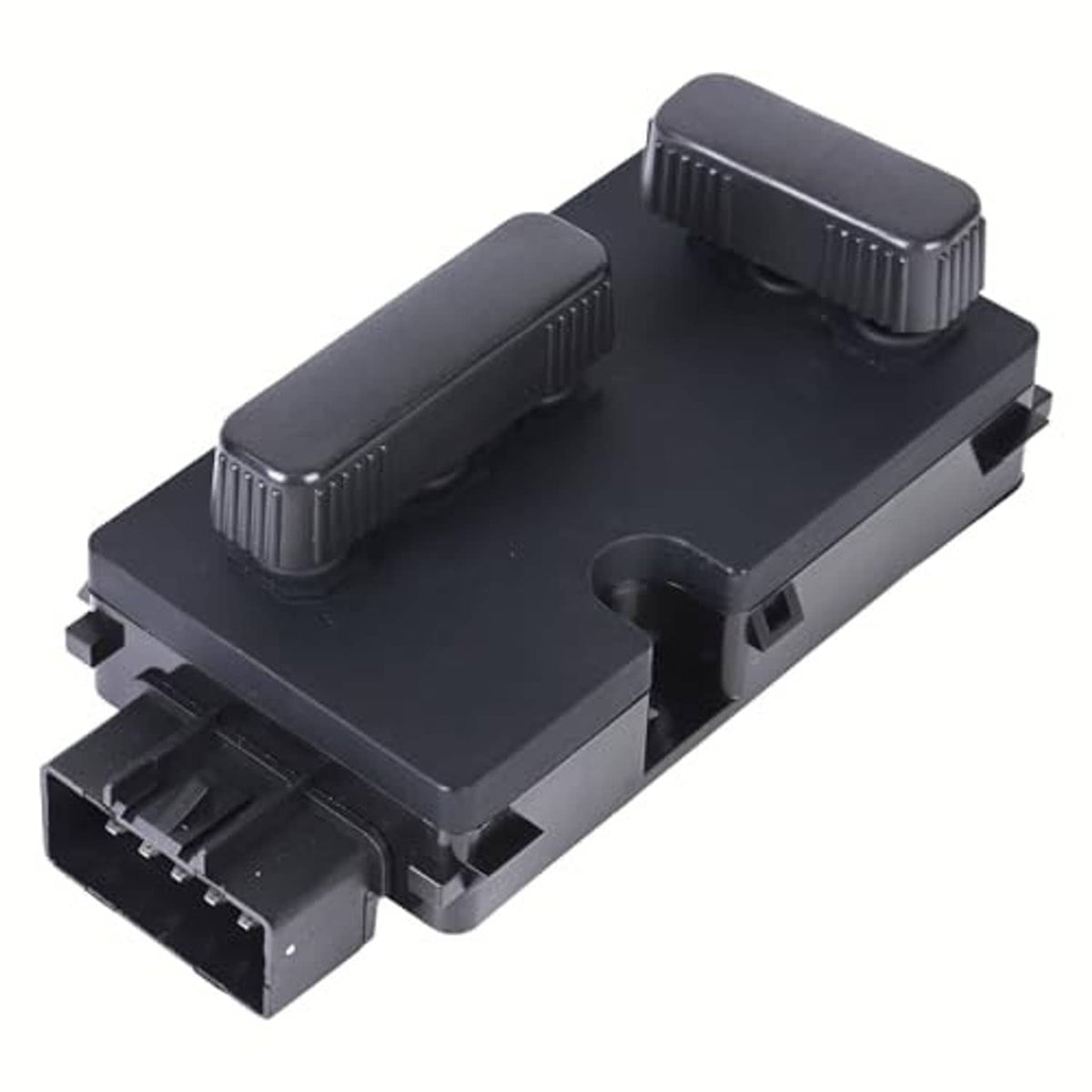 Power seat switch module with two ribbed black rocker controls, dark gray base