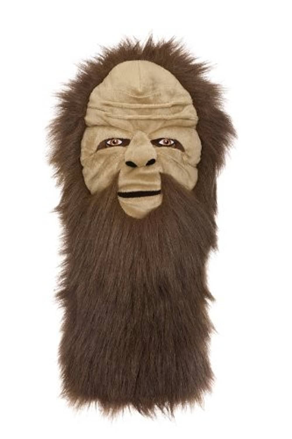 Sasquatch-style driver headcover with shaggy dark fur and beige hooded face