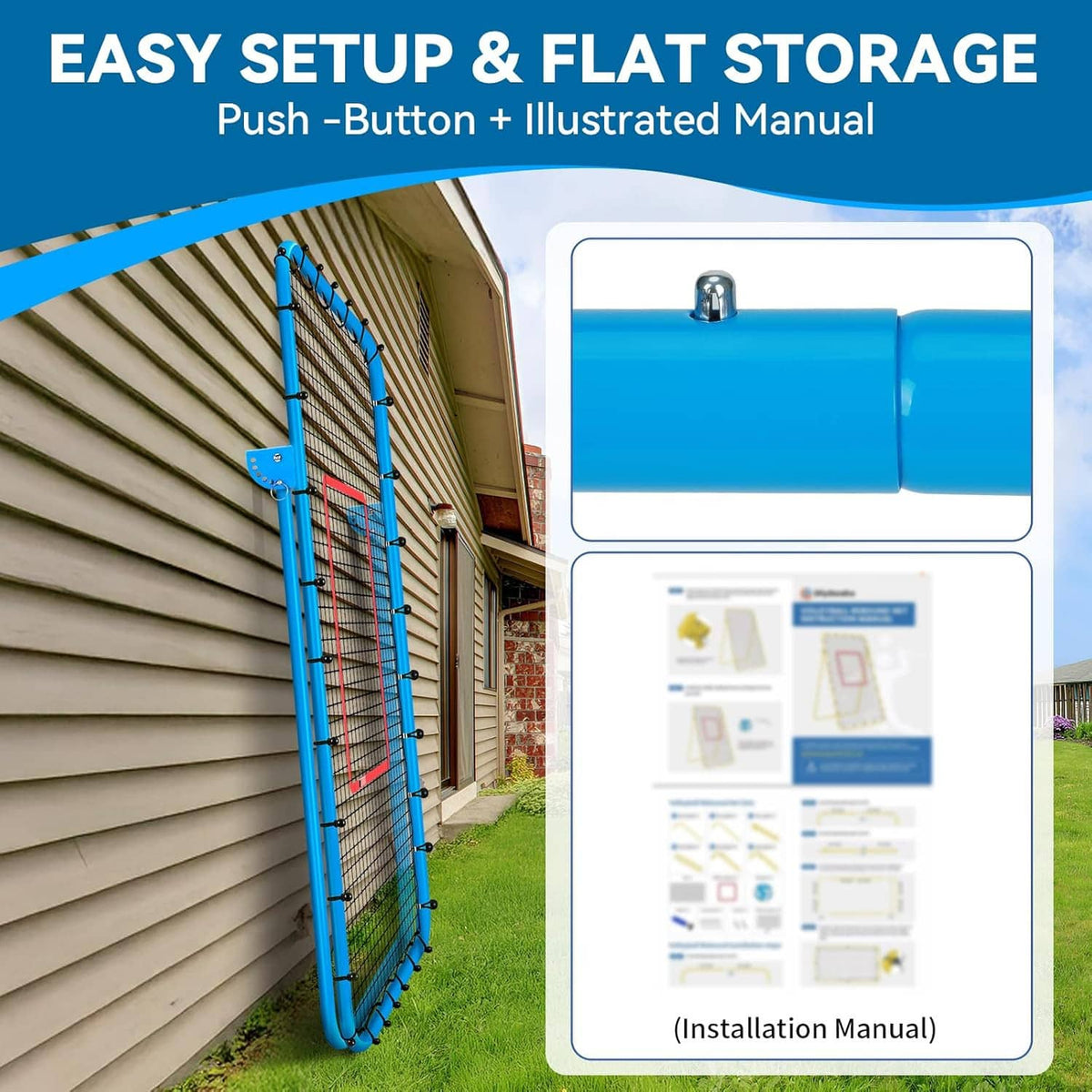 Volleyball rebounder net with easy setup components and illustrated manual