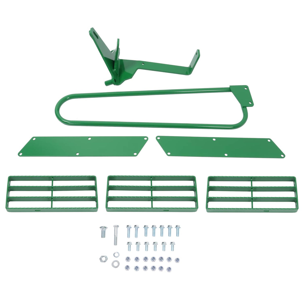 Tractor step extension kit components: handrail, mounting plates, and three step sections