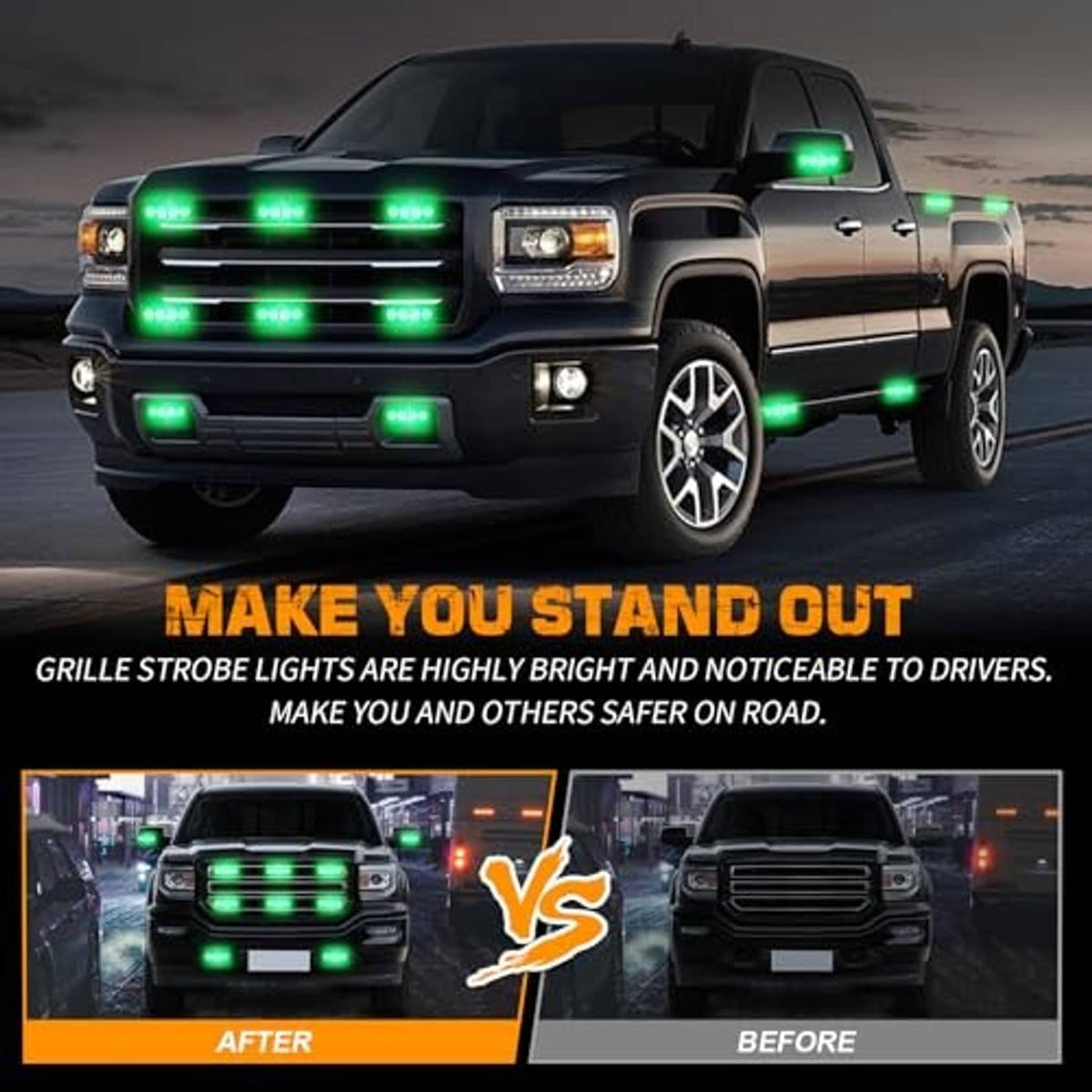 Truck front grille strobe lights with bright green LED bars and side flashes