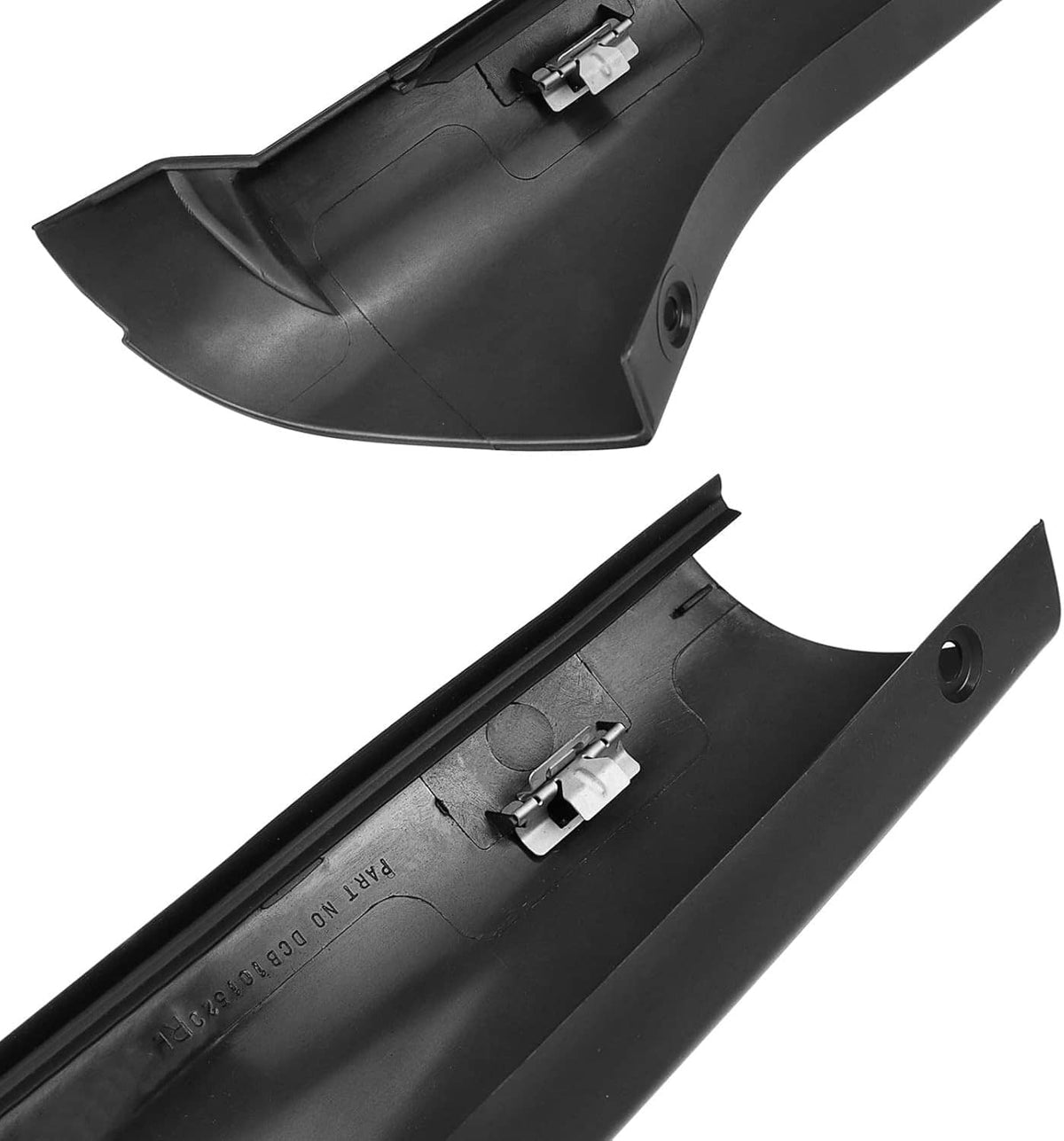 Black pillar molding trim with mounting clip detail on underside