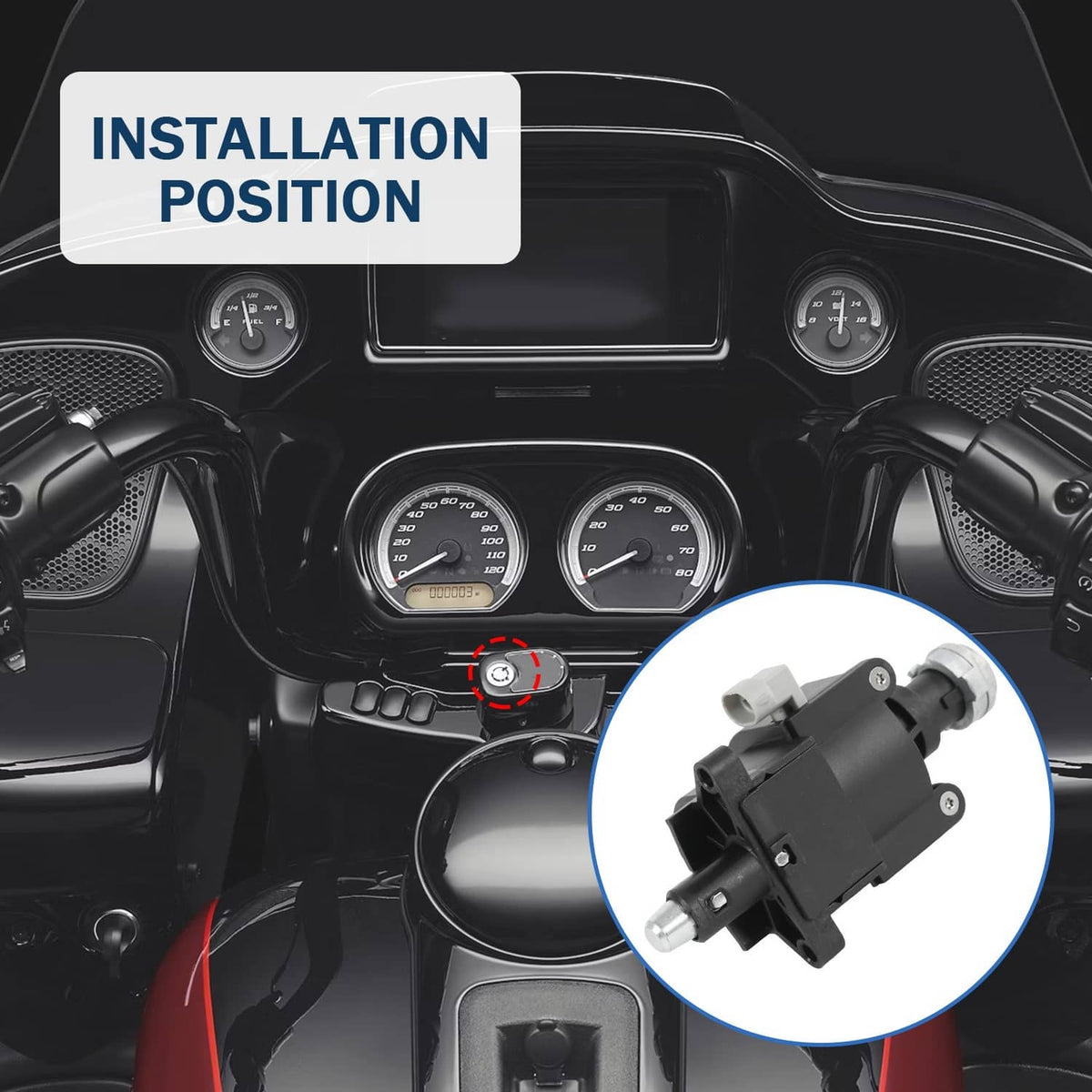 Ignition switch housing assembly shown in dashboard install position, black with metal tip