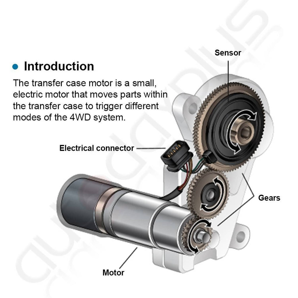 Transfer case motor system diagram showing electrical connector, motor, and gears