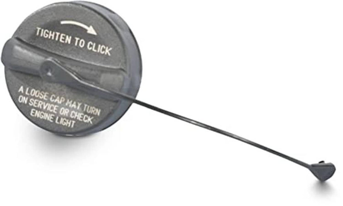 Dark gray fuel filler cap with long tether rod, molded warning text