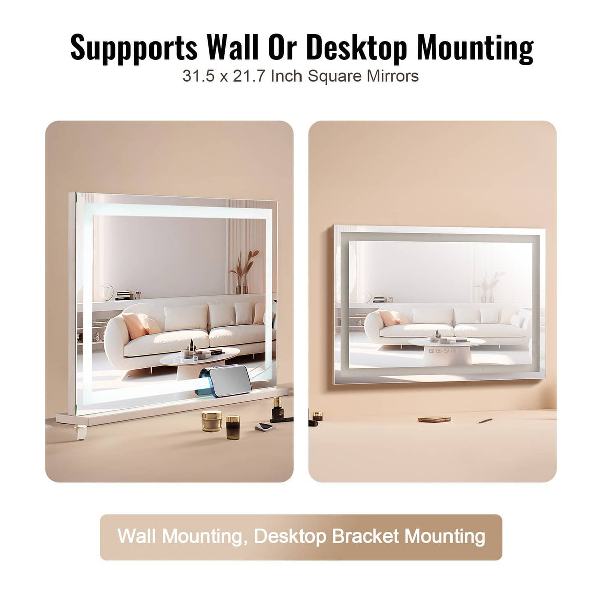 Square LED vanity makeup mirror with white frame, for wall or desktop mounting