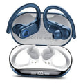 Dark blue wireless earbuds with earhook design in open charging case