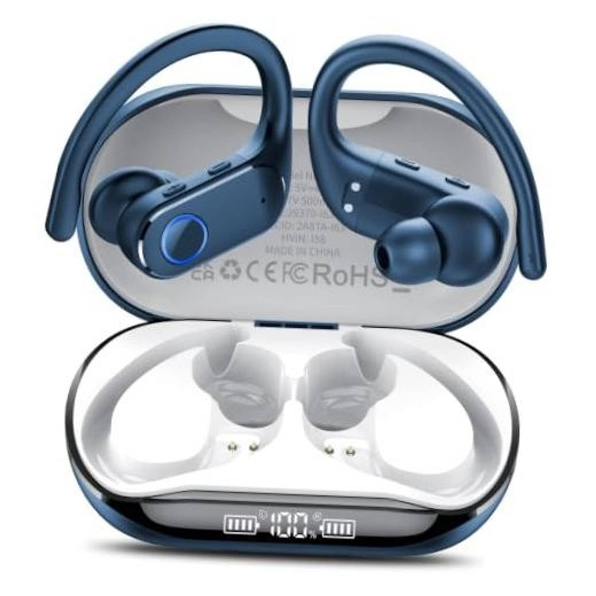 Dark blue wireless earbuds with earhook design in open charging case