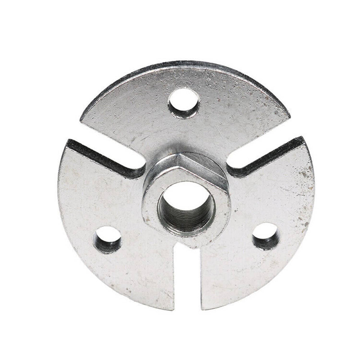 Flywheel puller plate with center threaded opening and three radial cutouts
