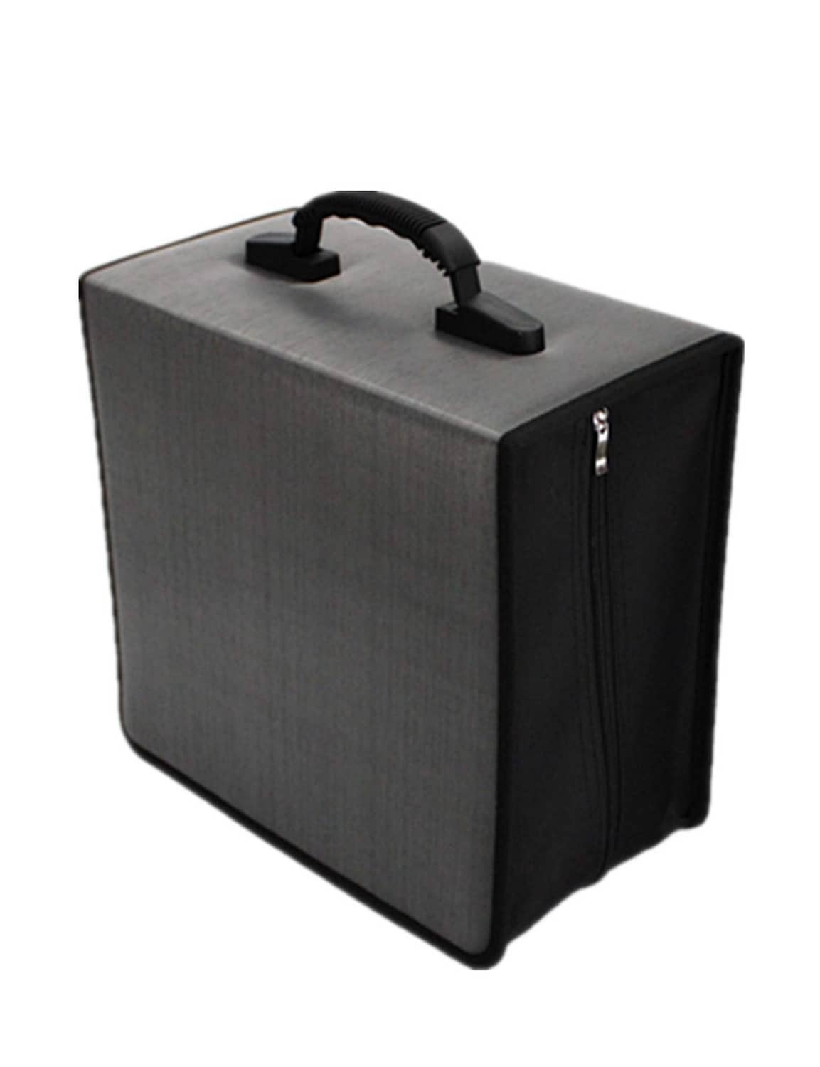 Gray CD/DVD organizer wallet with black handle and zippered front panel