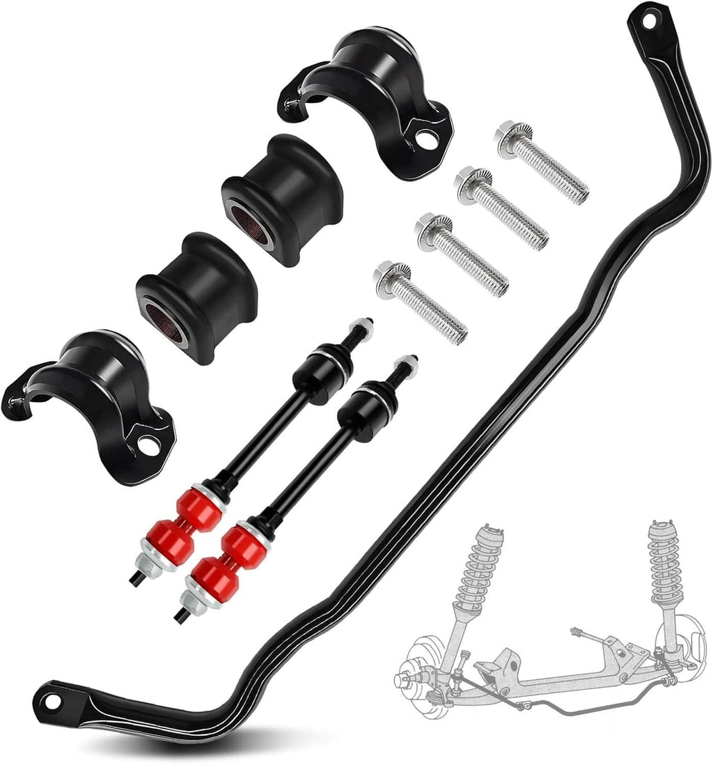 Front stabilizer bar kit with black sway bar, bushings, and red link ends with bolts