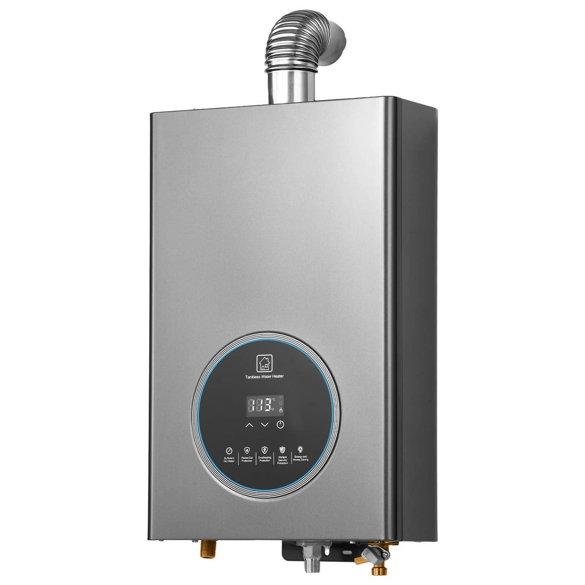 Compact propane tankless water heater with side-mounted fittings and circular LED control panel
