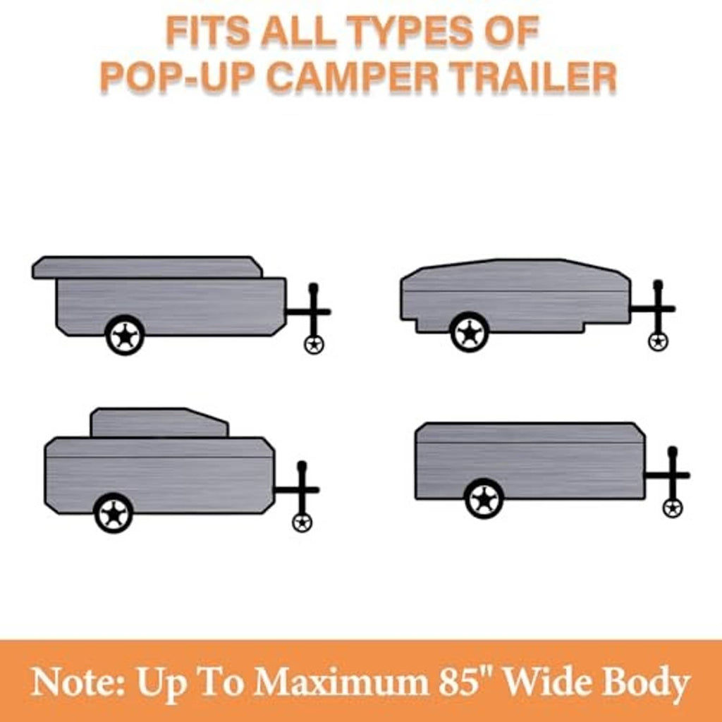 Gray pop-up camper trailer cover shown in multiple camper body fit sizes