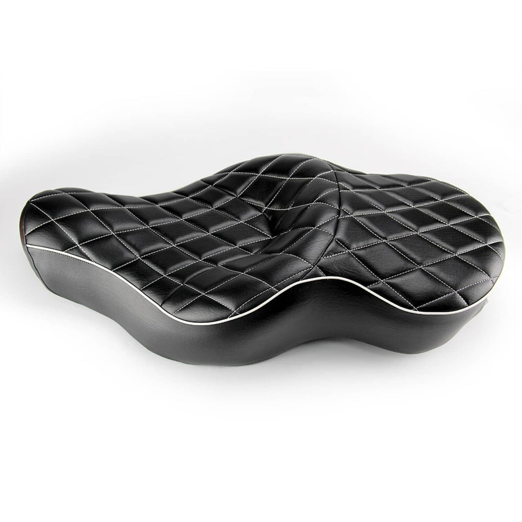 Black two-up motorcycle seat cushion with diamond quilting and white-trimmed edge piping