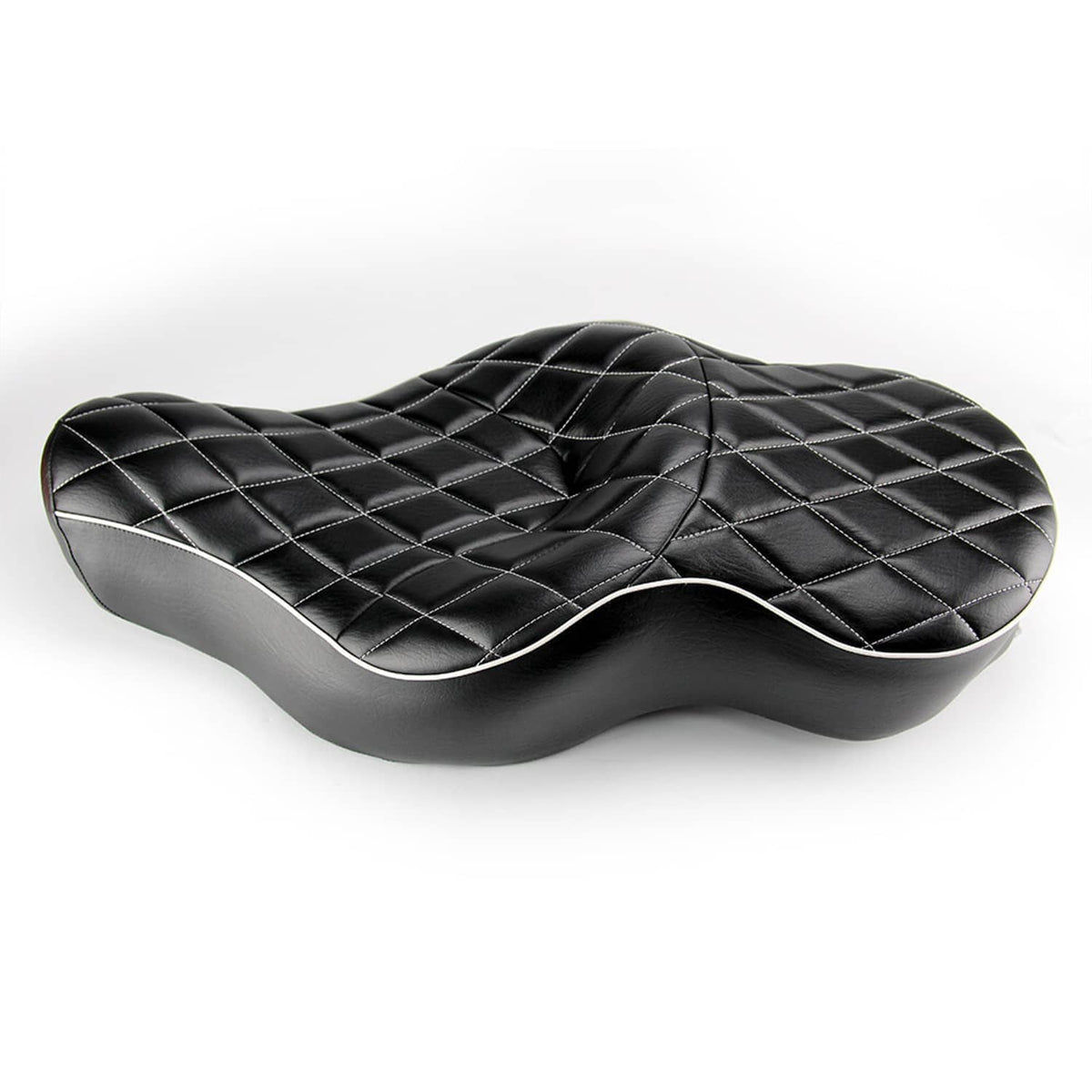 Black two-up motorcycle seat cushion with diamond quilting and white-trimmed edge piping