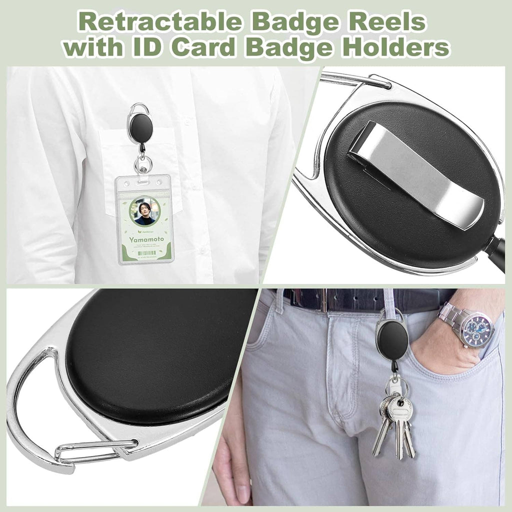 Retractable badge reel clip with ID badge holder, black and silver, with keys