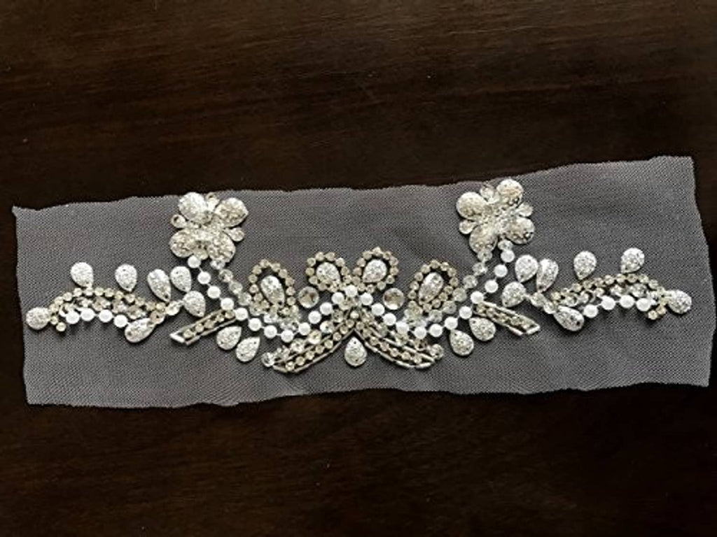 Wide crystal rhinestone and pearl beaded strip for V-neck neckline, curved motifs