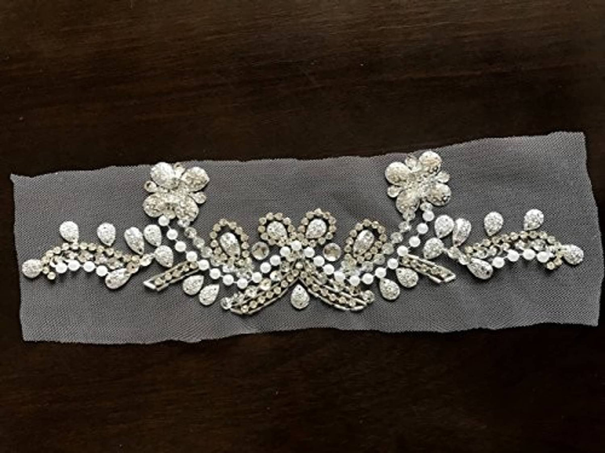 Wide crystal rhinestone and pearl beaded strip for V-neck neckline, curved motifs