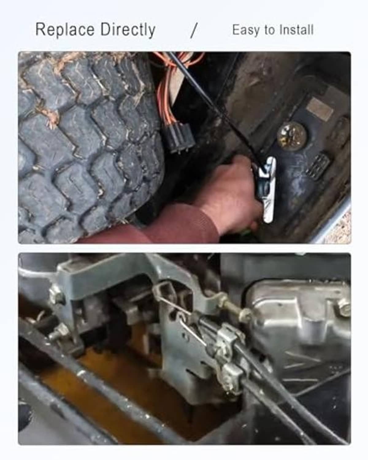 Throttle cable installation close-up: bracket and cable connector near mower wheel