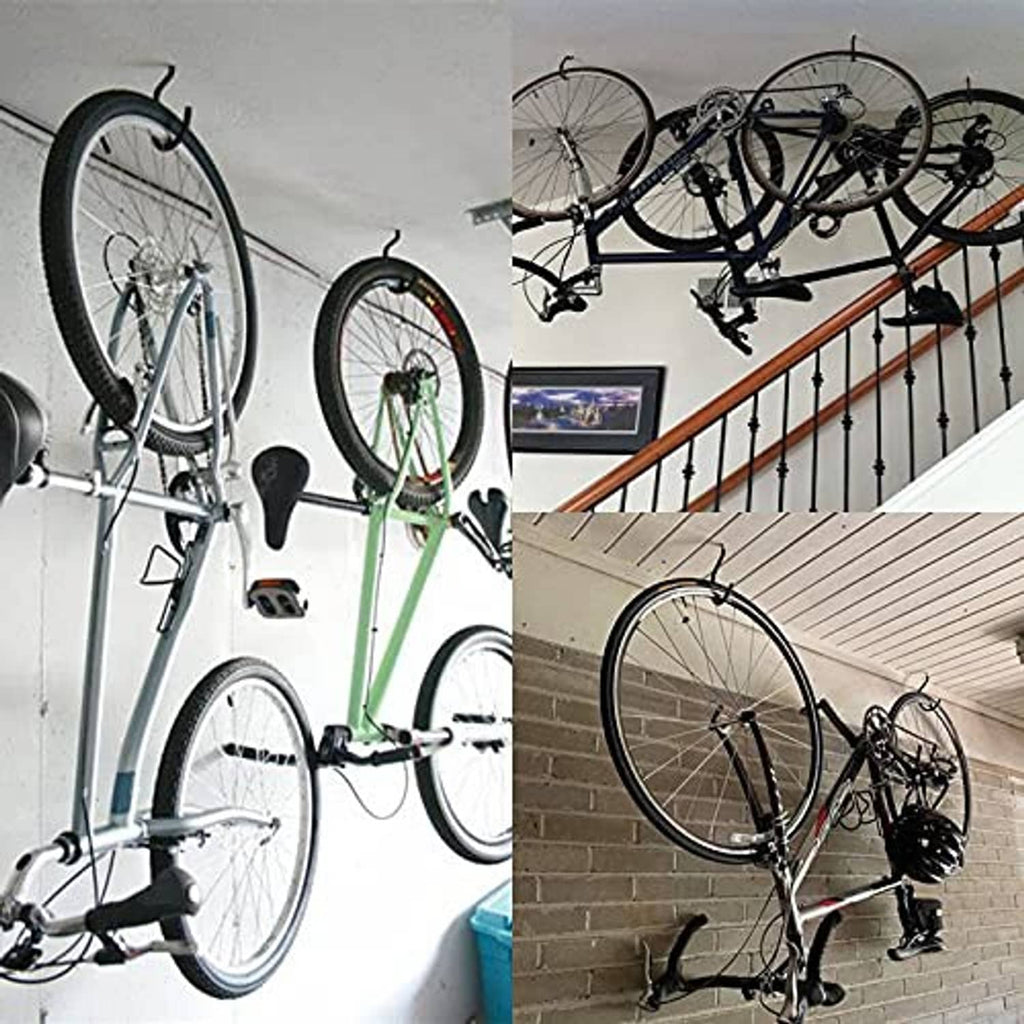 Black bicycle wall hooks holding multiple bikes on a wall-mounted storage rack