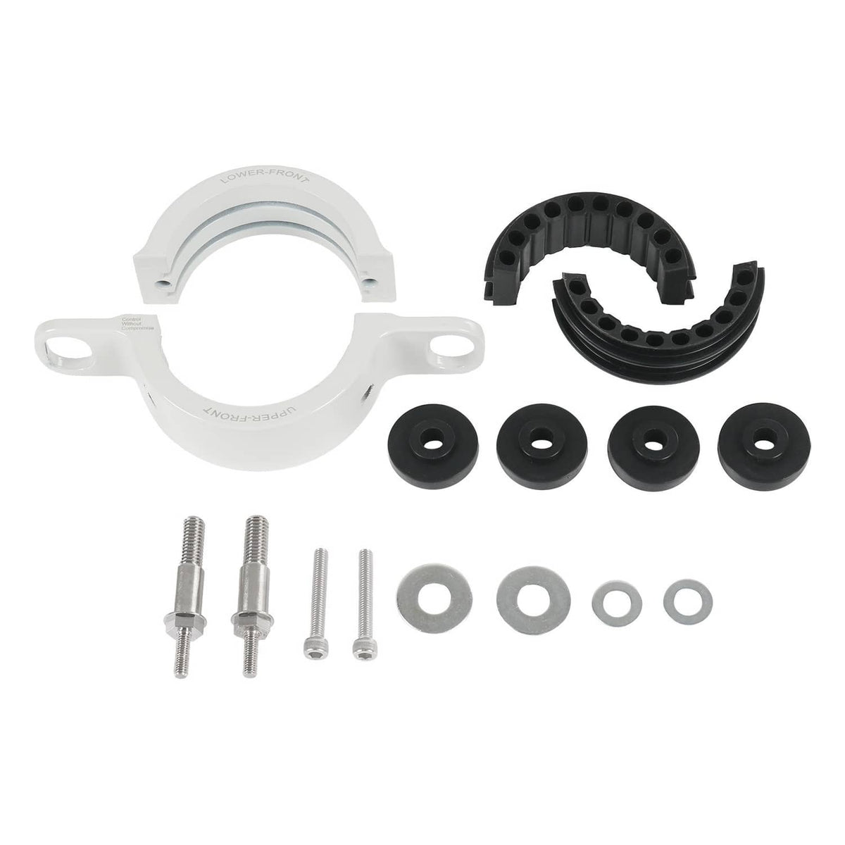 Driveshaft center support bearing carrier parts kit with bushing and mounting hardware, white/black