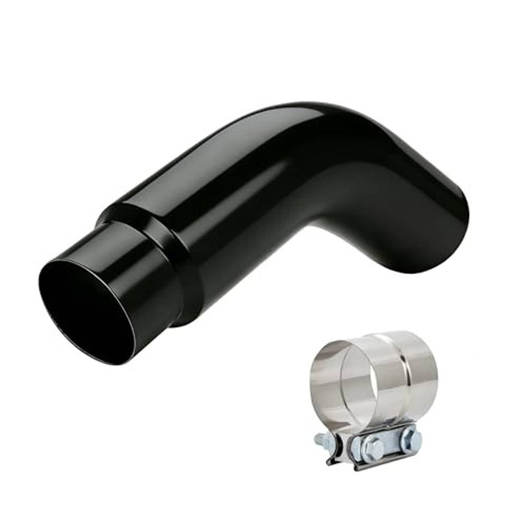 Black curved exhaust elbow pipe with clamp, glossy black coating, stainless steel