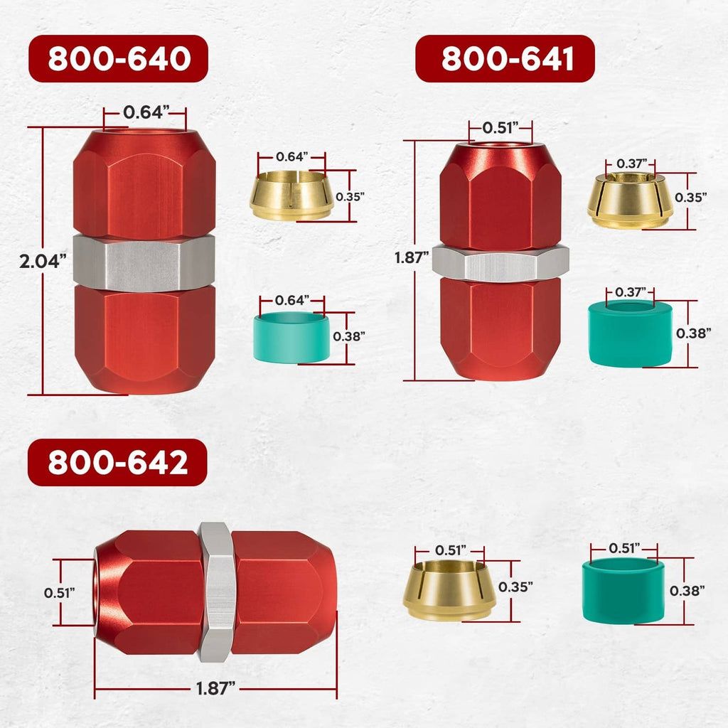 A/C line splice connector size chart with red caps, teal seals, and brass collars