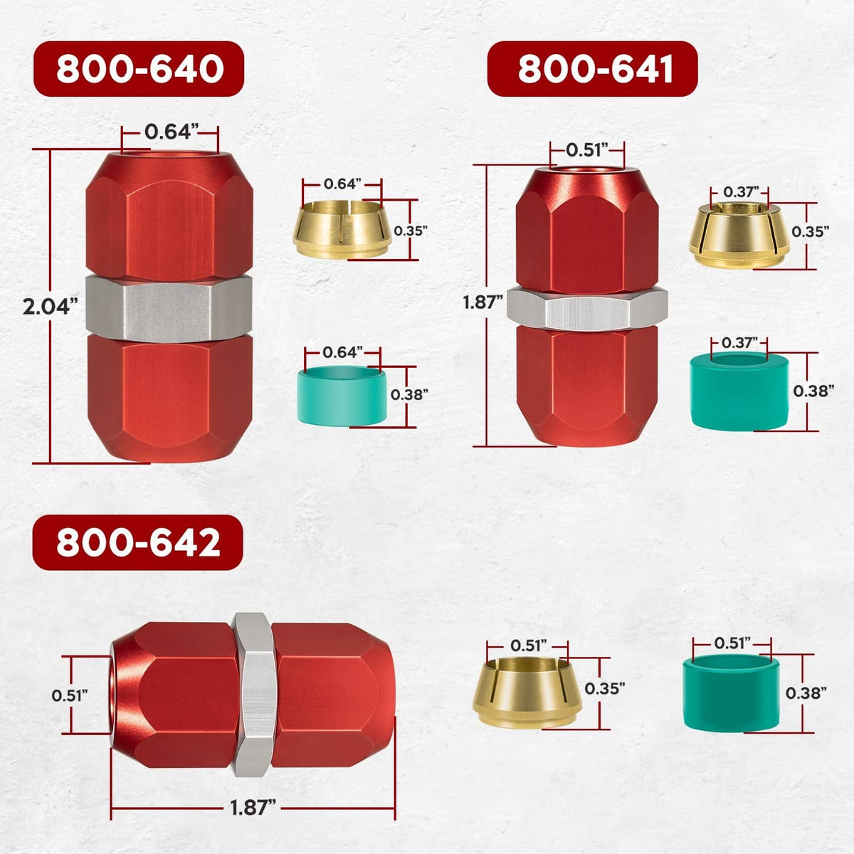 A/C line splice connector size chart with red caps, teal seals, and brass collars