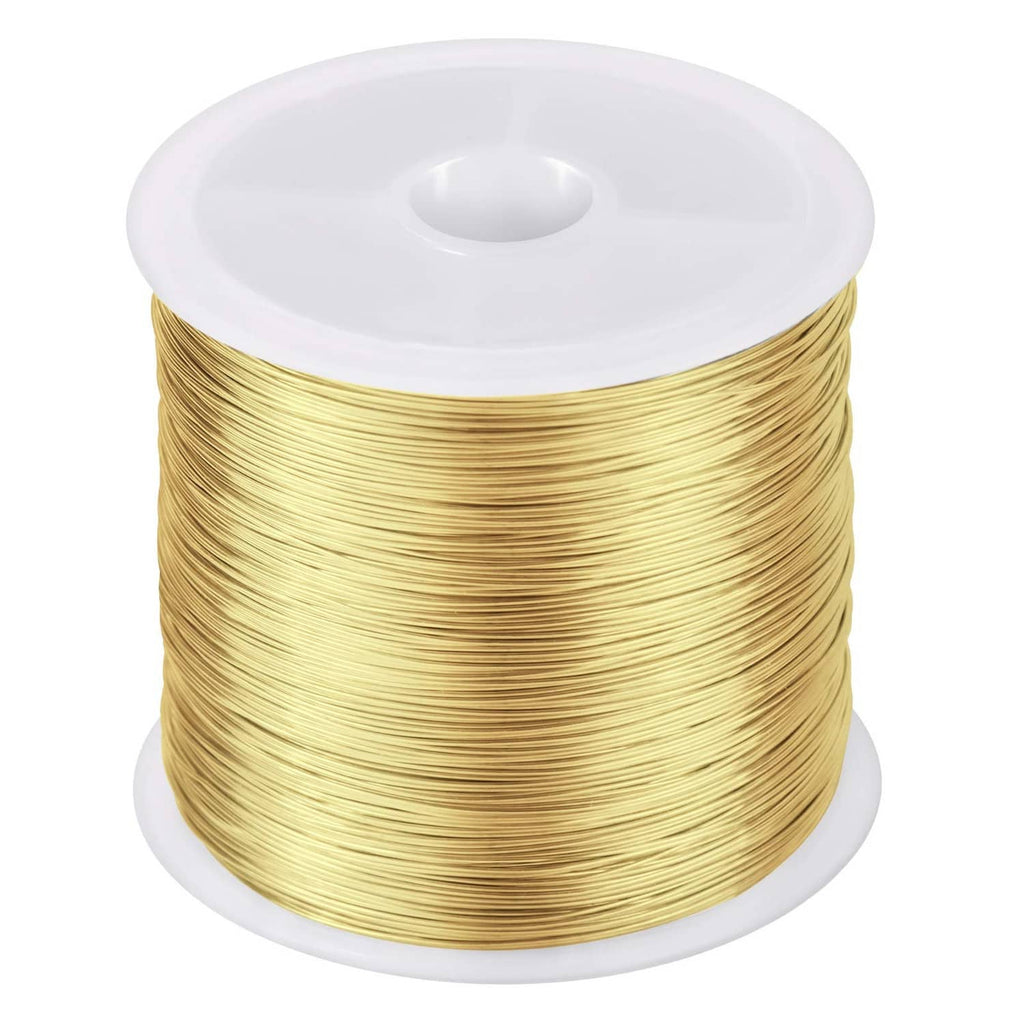 Gold-colored copper jewelry wire on round white spool, 26-gauge coil