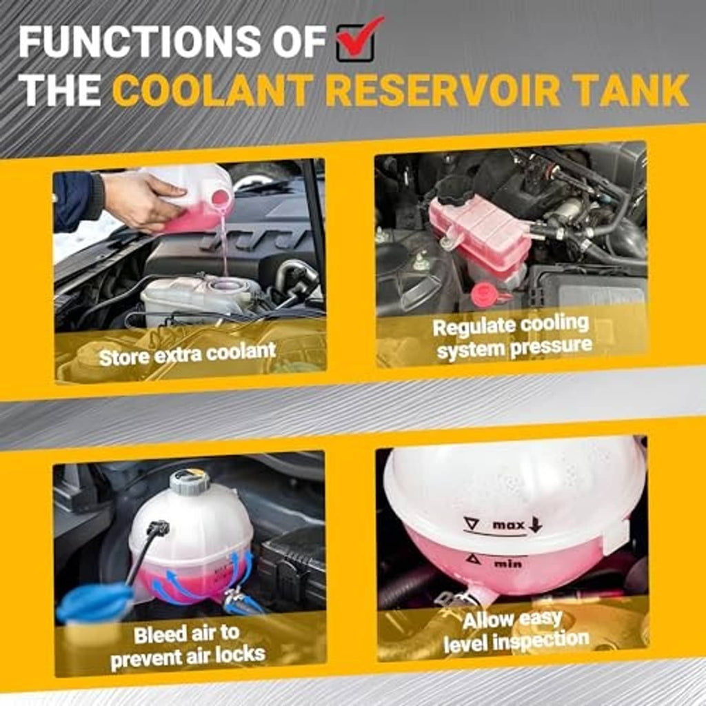 Coolant reservoir tank shown in engine bay with cap, hoses, and level inspection